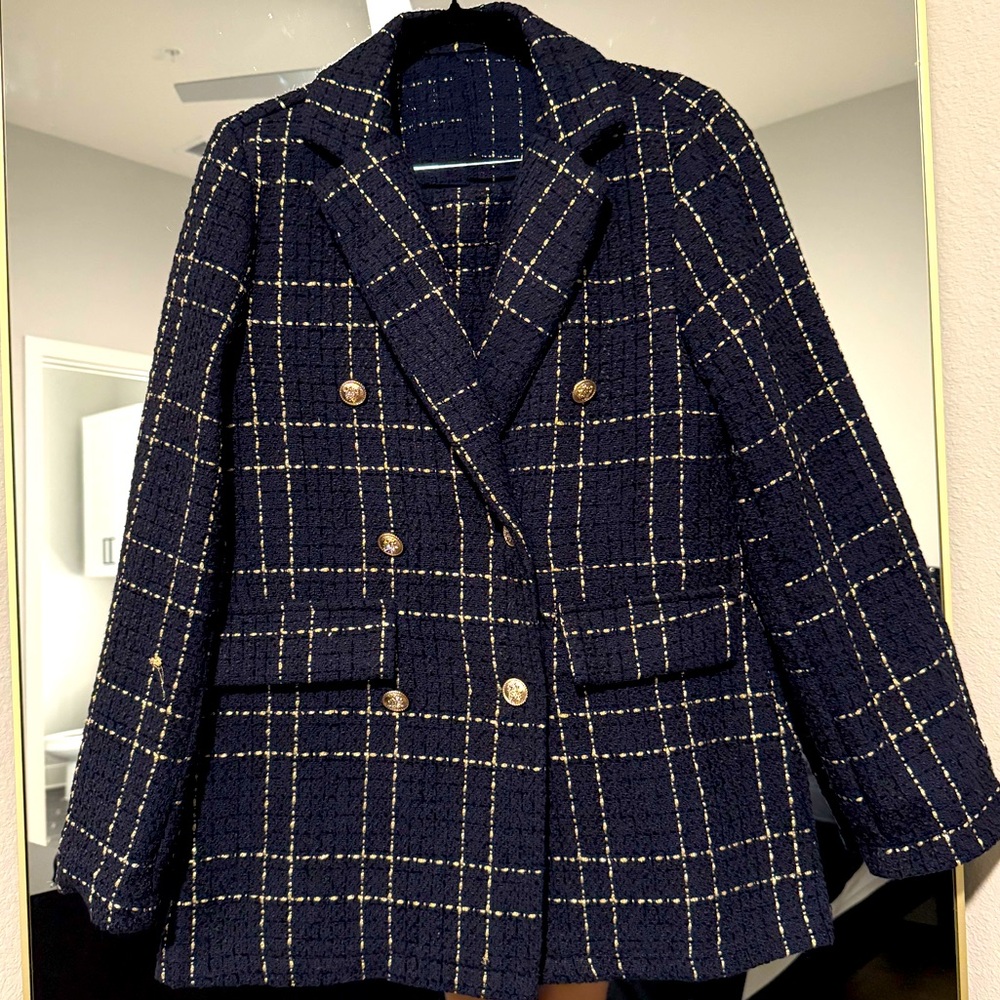 Navy Plaid Double-Breasted Bouclé Blazer